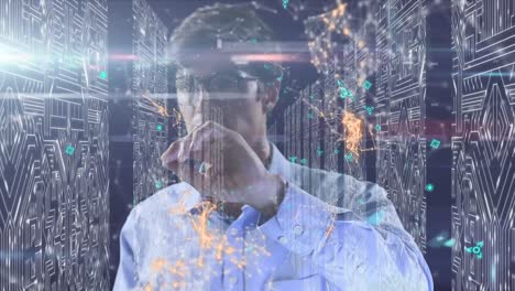 animación de un hombre de negocios tocando una pantalla interactiva virtual y procesamiento de datos