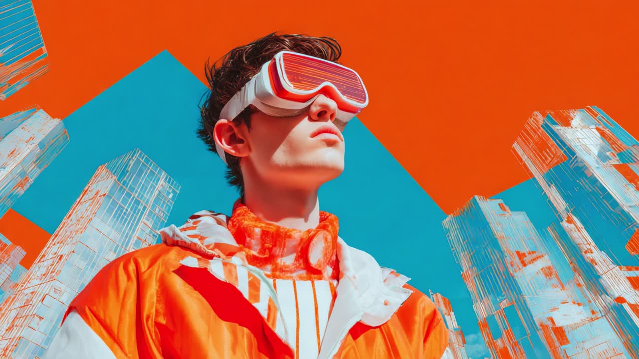 A futuristic young man wearing vibrant 3D glasses stands confidently amidst an abstract cityscape characterized by angular shapes and a striking orange-blue color palette, embodying modern tech aesthetics