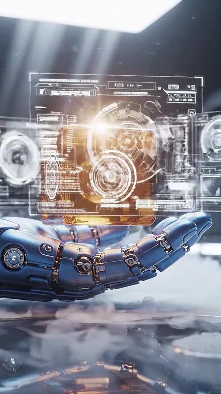 Mano robotica futuristica che tiene un cubo arancione trasparente, circondato da nebbia e luce soffusa in un ambiente ad alta tecnologia.
