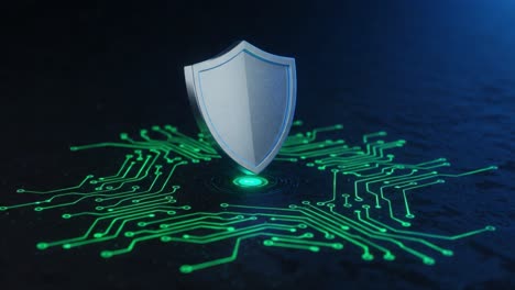 a digital shield symbolizing cybersecurity, surrounded by a circuit board design, representing protection in the technological landscape