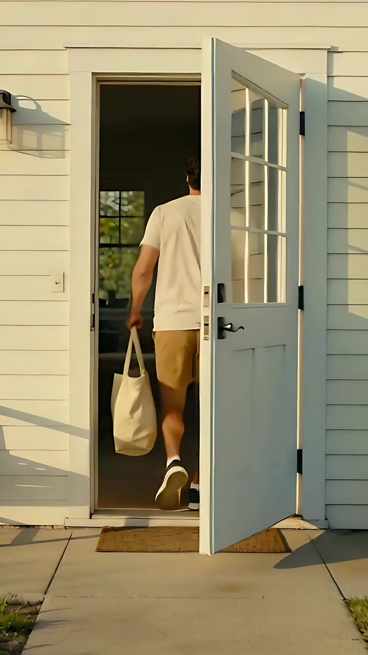 Vídeo vertical: Homem caminhando de camiseta e shorts cáqui, alcançando a porta, abrindo e entrando em casa com sacola.