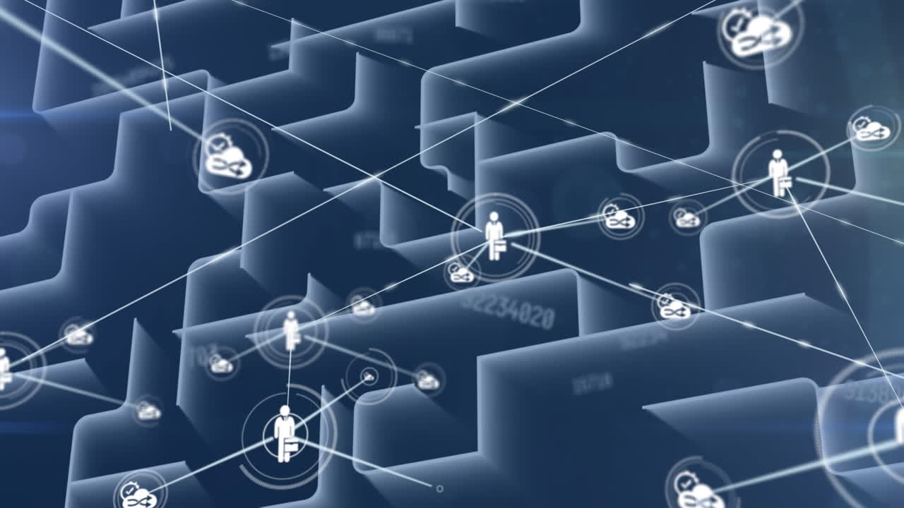 animación de redes de conexiones y procesamiento de datos sobre líneas blancas sobre fondo negro
