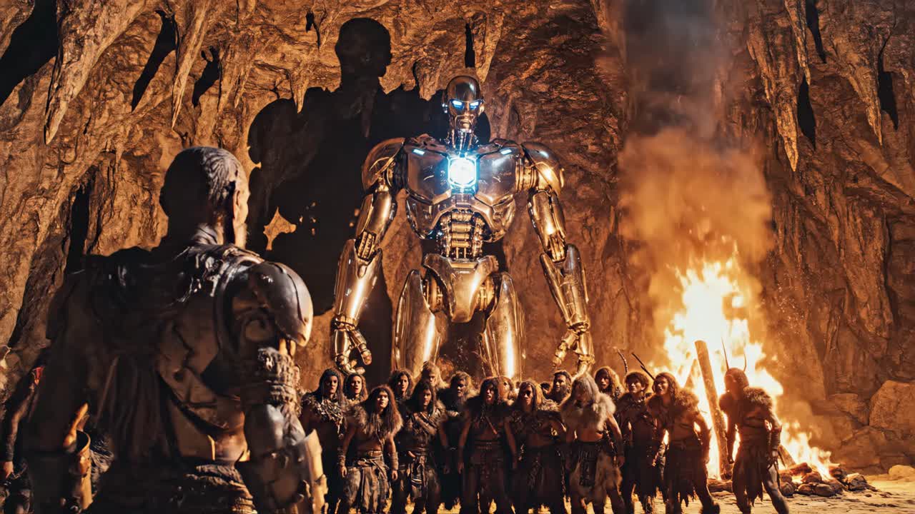 Robot Encounter with Cavemen in a Cave