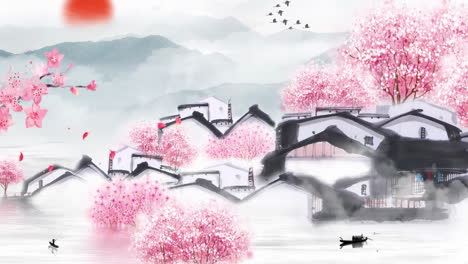 china's traditional oriental digital art animation, chinese painting ink in mountain with flowers, tree, birds, river in fog background artwork