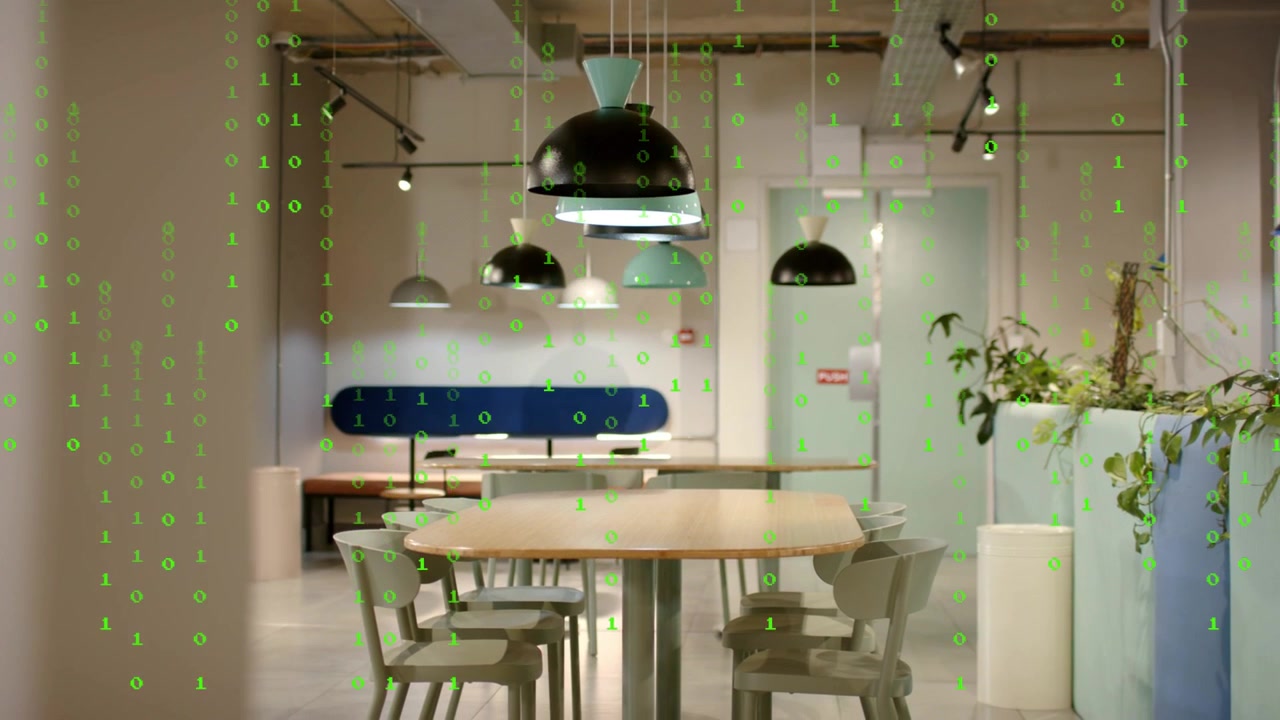 Green code overlay drifting across table and chairs, triggered by data feed fading to reveal lounge