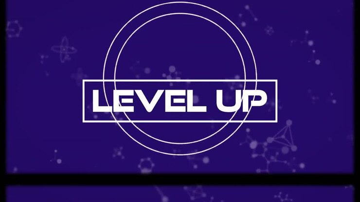 Film reel effect on level up over against molecular structures floating on blue background