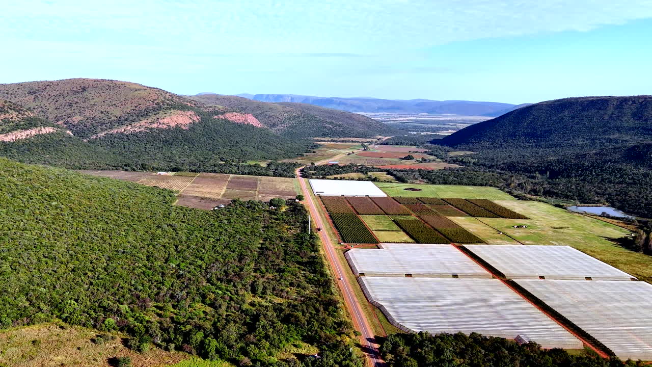 Aerial view over citrus farm land with crops covered in protective netting
