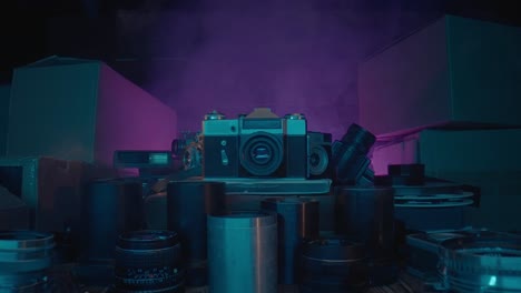 Vintage Cameras in a Neon-Lit Setting