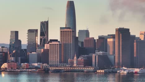 golden sunrise close up aerial static view of san francisco downtown financial district