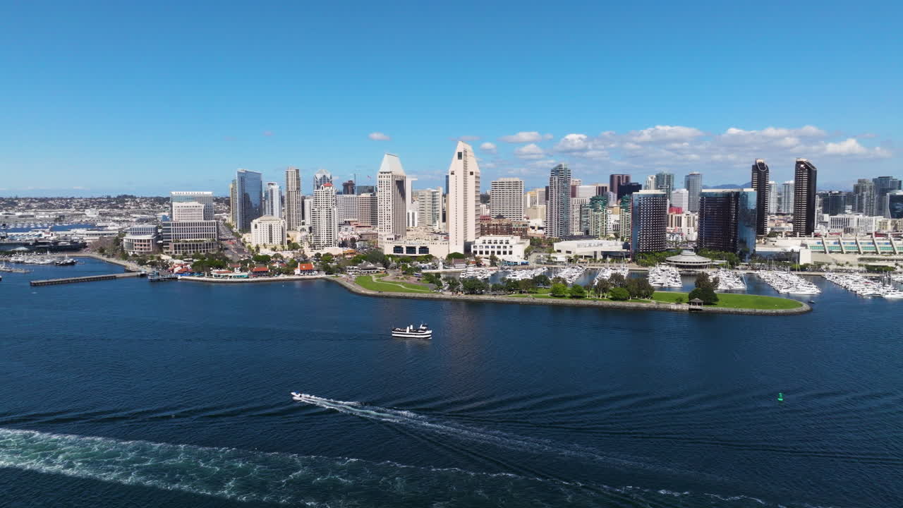 Downtown Skyline Of San Diego Across The Bay In California, United States. Aerial Drone Shot