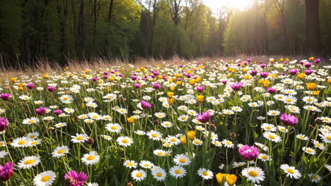 a colorful meadow in a forest at sunset