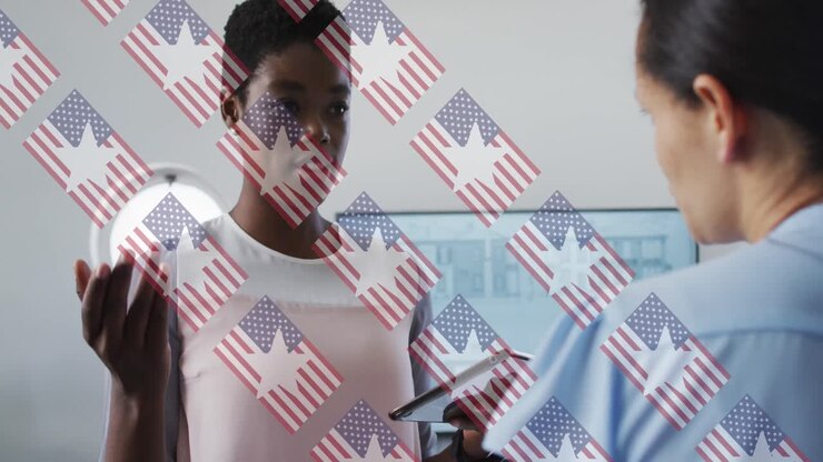 Animation of flag of usa over diverse business people in office