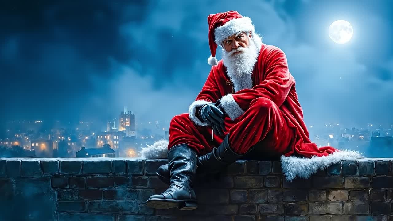 A santa claus sitting on top of a brick wall with a city in the background