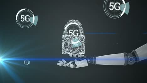 Animación-De-Netwocloud-Y-Símbolos-De-Seguridad-Sobre-La-Mano-Del-Brazo-Robótico,-Con-Escáneres-De-Señales-5g.