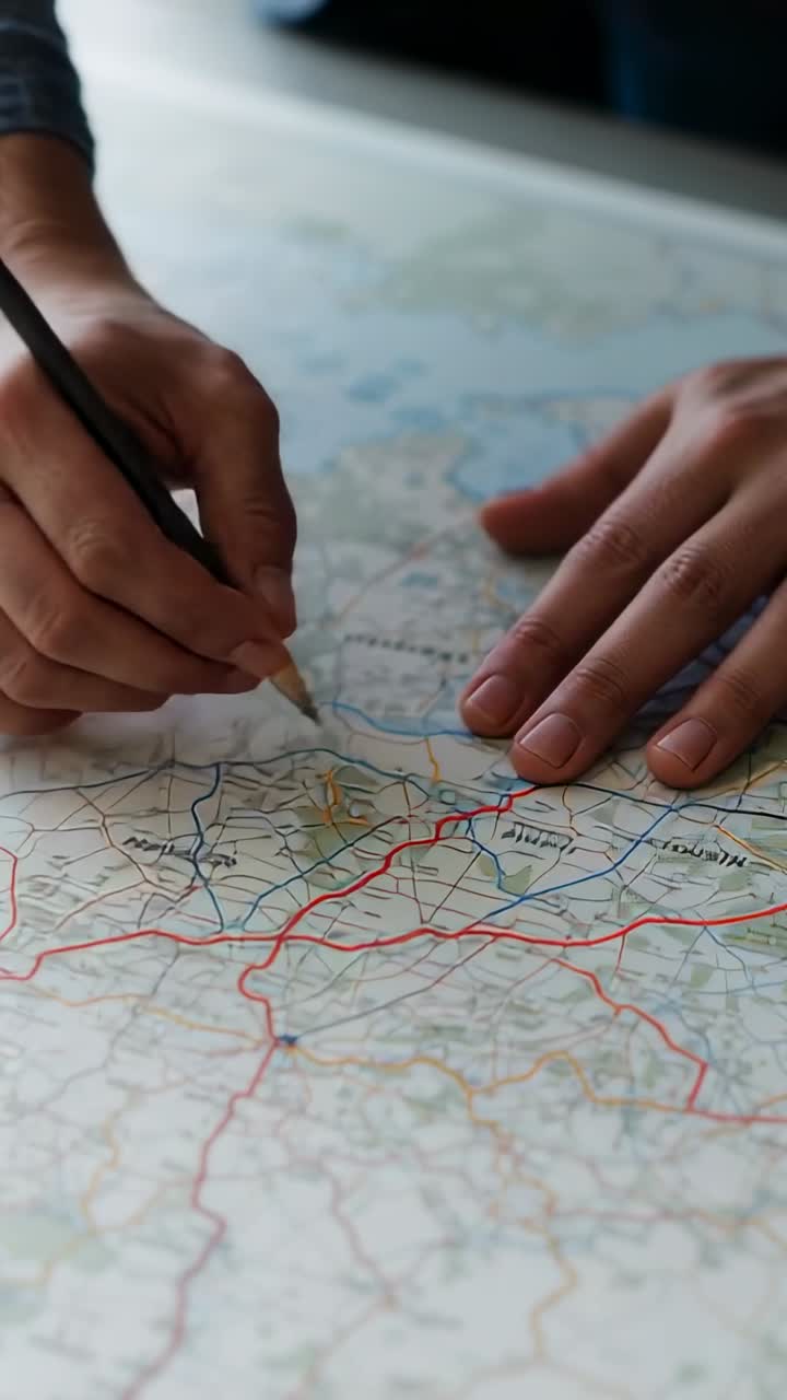 Vertical video: Pencil touching map, hands tracing road map on table, planning route, denim cuff