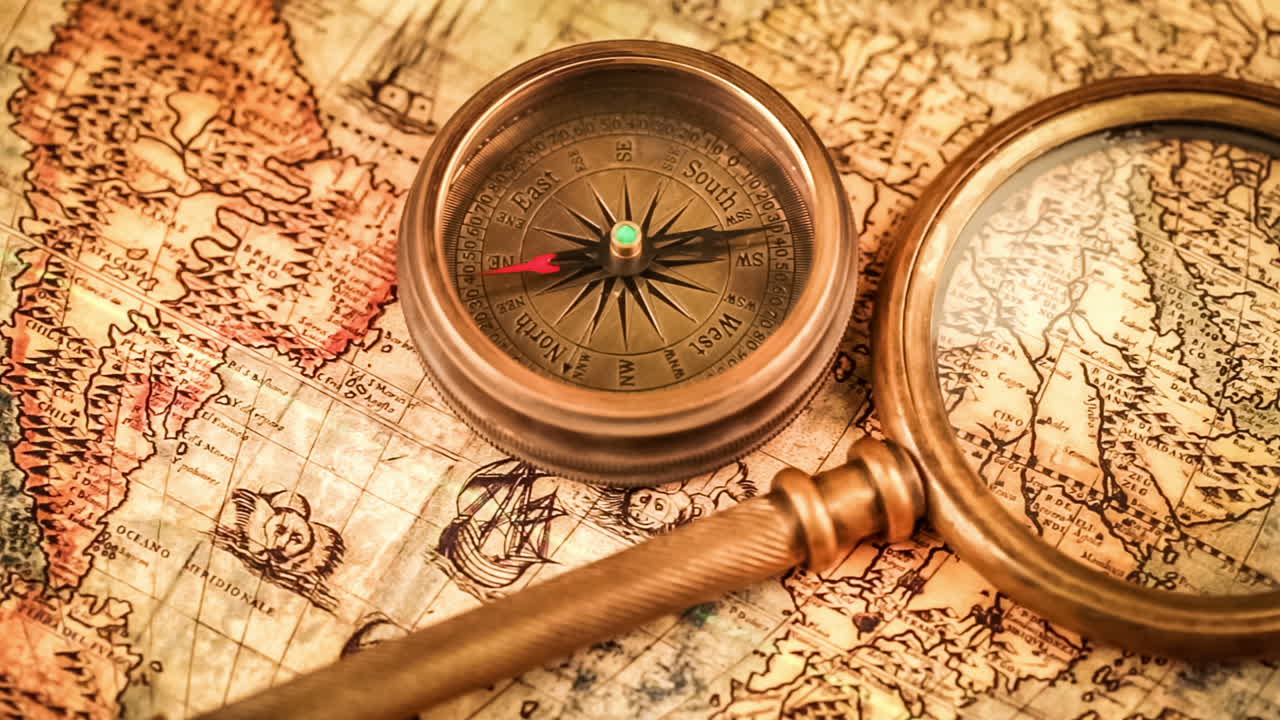 고대 세계 지도 에 있는 빈티지 확대 유리