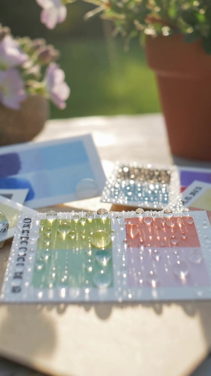 Vertical video: Camera moving racking focus on pastel rhinestone sheet on patio, showing gem detail