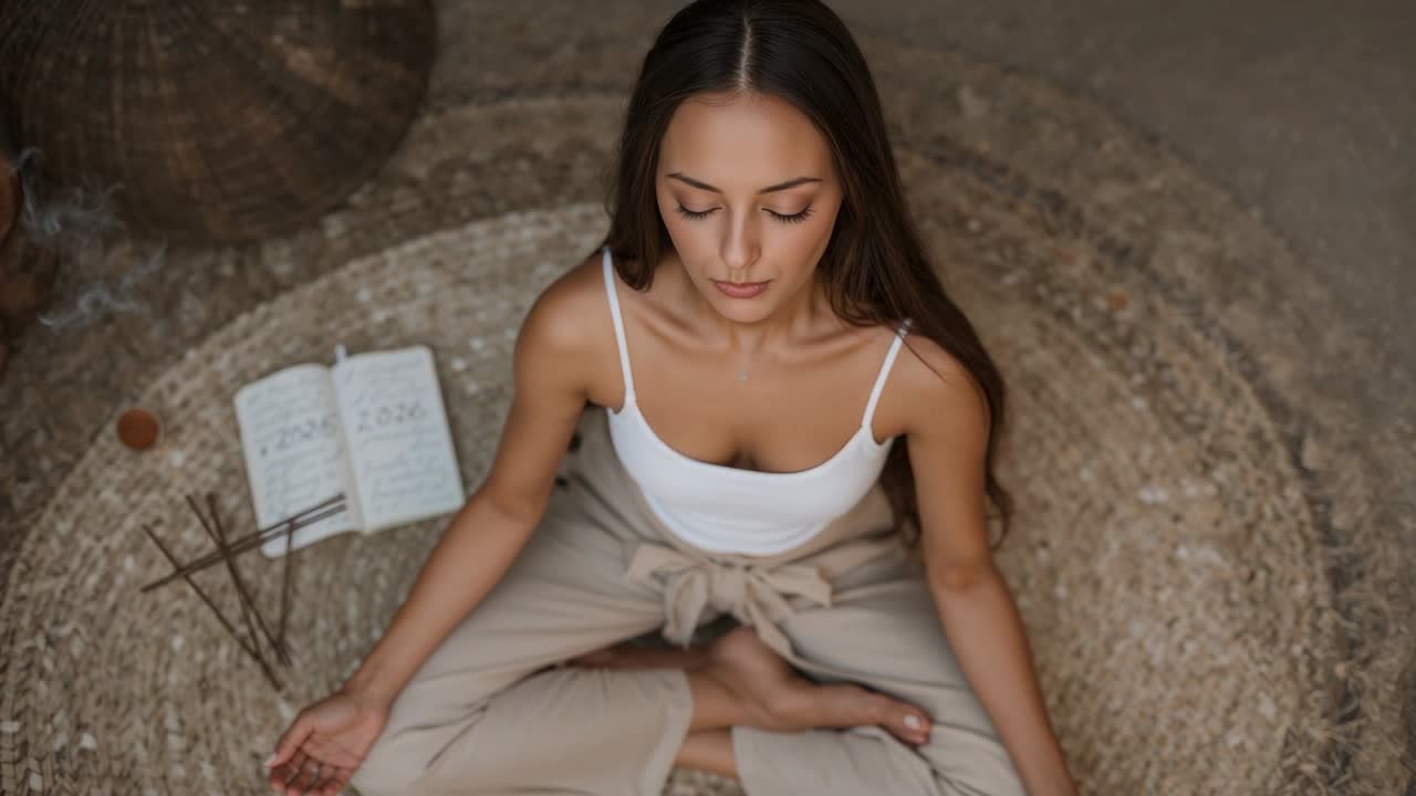 Mulher asiática de olhos fechados meditando em um tapete redondo de vime em casa com um diário e incenso para meditação
