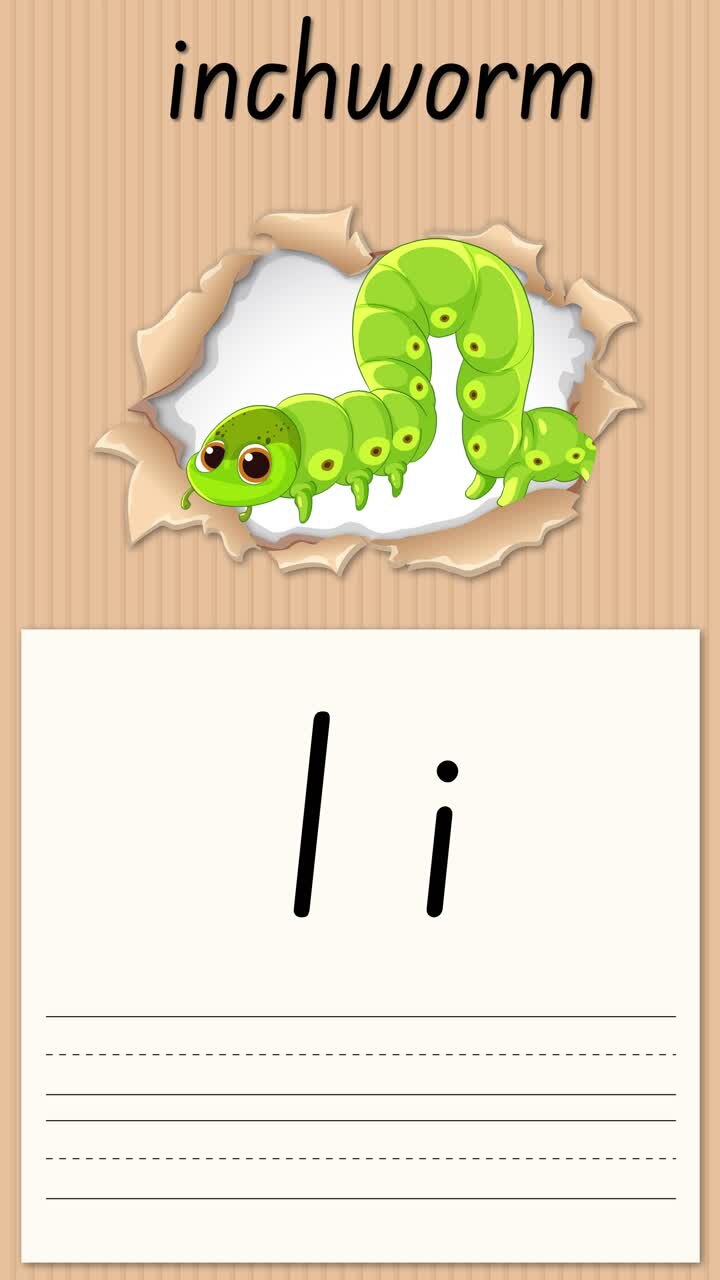 Animated lesson teaches the letter I using a green inchworm and handwriting practice exercises