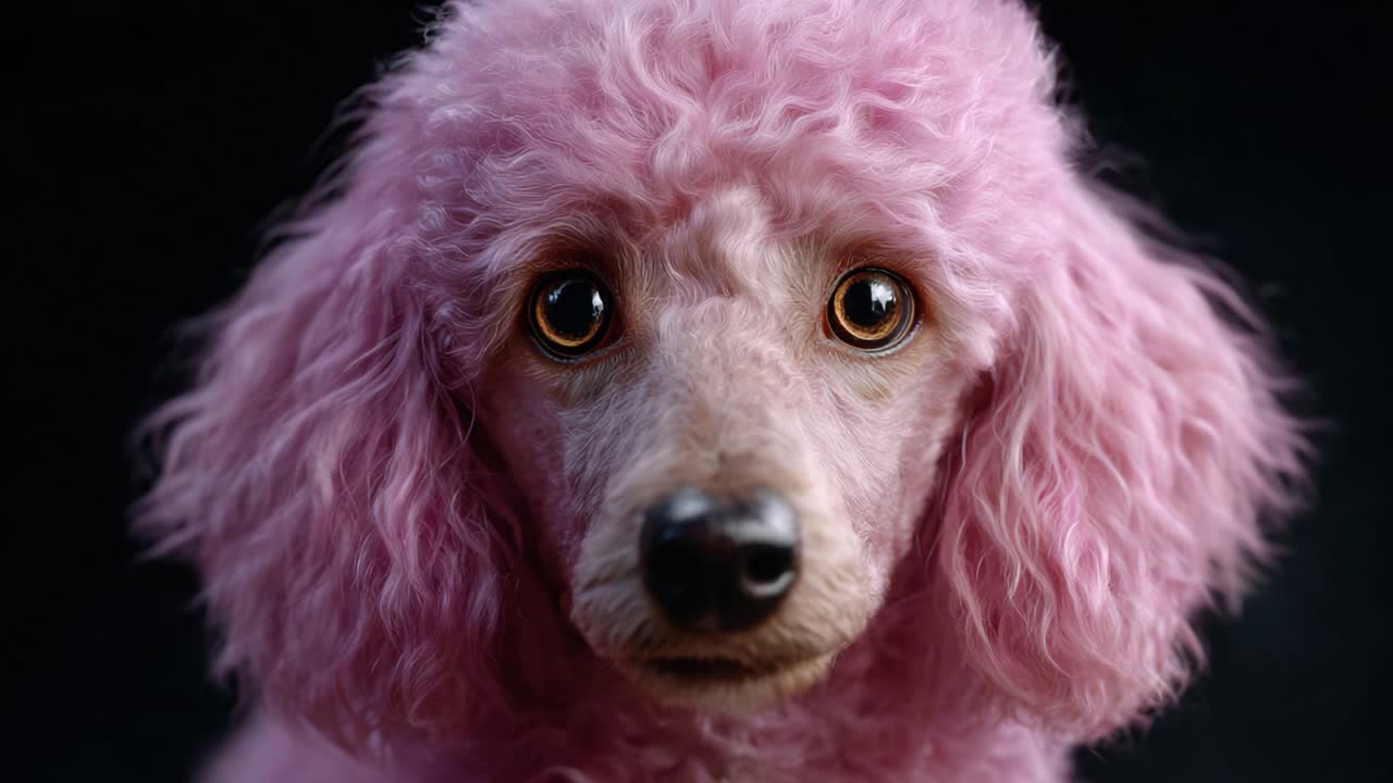 Koyu bir arka plan önünde kabarık kıvırcık tüyleri ve anlamlı gözleriyle benzersiz bir köpek güzelliği anını yakalayan, sevimli pembe bir kanişin yakın çekimi