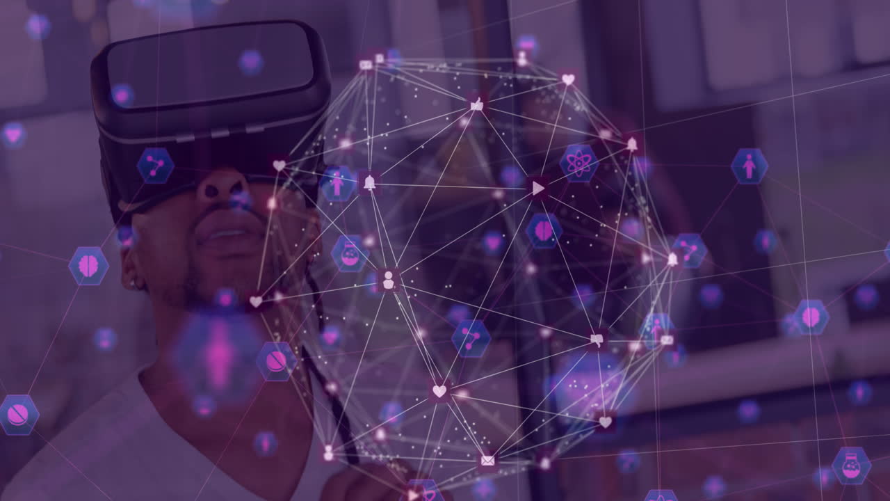 globo de red de conexiones contra el hombre usando auriculares vr