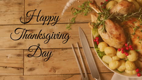 Animation-of-happy-thanksgiving-day-text-and-dinner-on-table-background