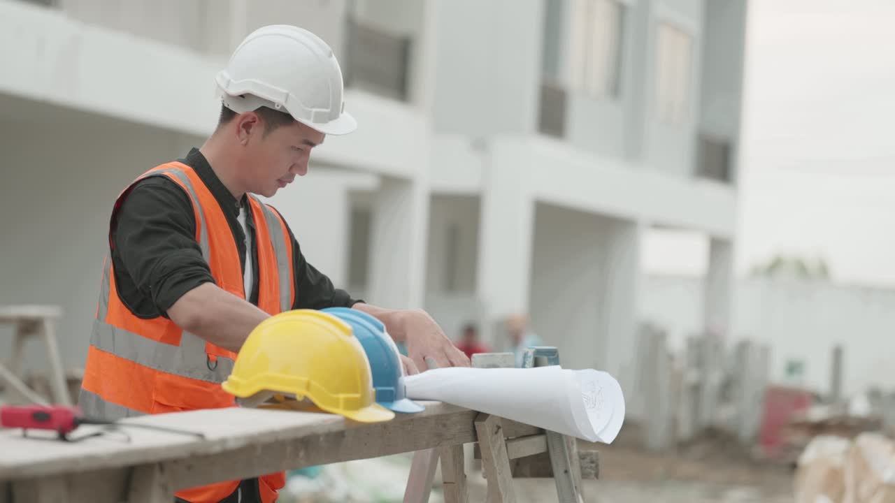 retrato de un ingeniero civil o arquitecto o contratista profesional asiático que trabaja en el negocio inmobiliario, mirando estilos de casas de construcción en planos y controlando la construcción en el sitio del proyecto de vivienda.