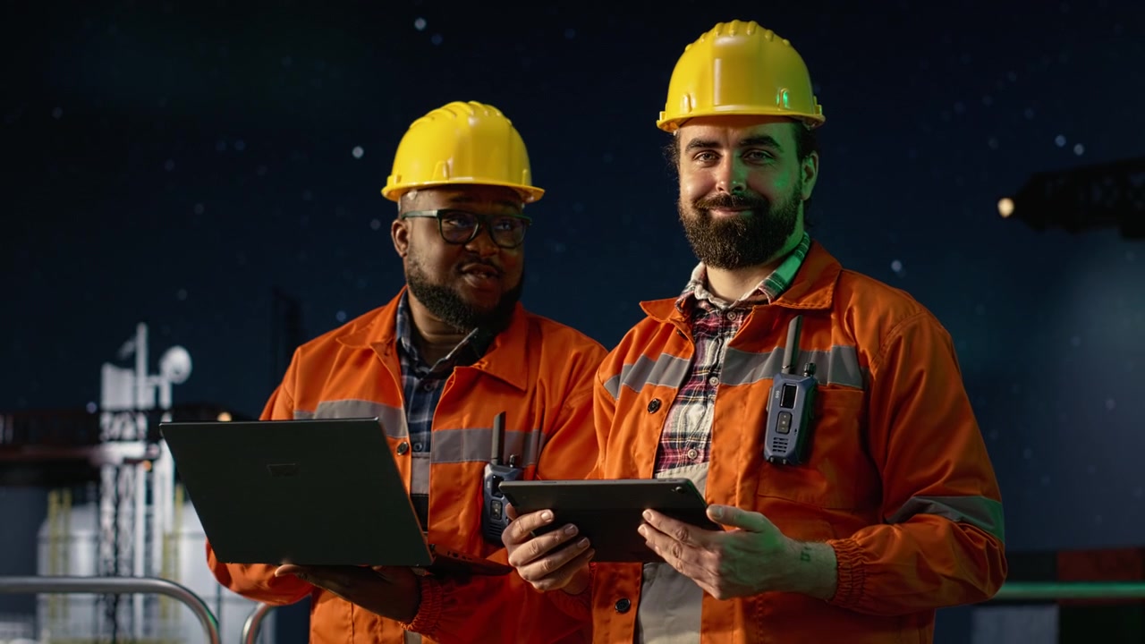 Portrait of smiling drilling barge crew members managing petrol reserves