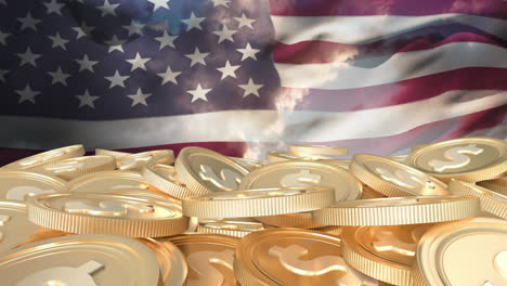 animation of us flag waving over gold coins