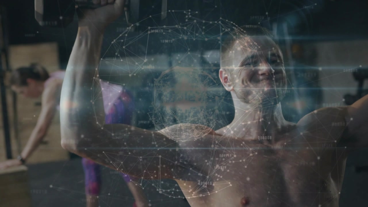 Man holding weights at shoulders, pressing overhead in gym, globe overlay highlighting shoulders