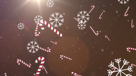 Digital-animation-of-multiple-candy-canes-and-snowflakes-falling-against-spots-of-light