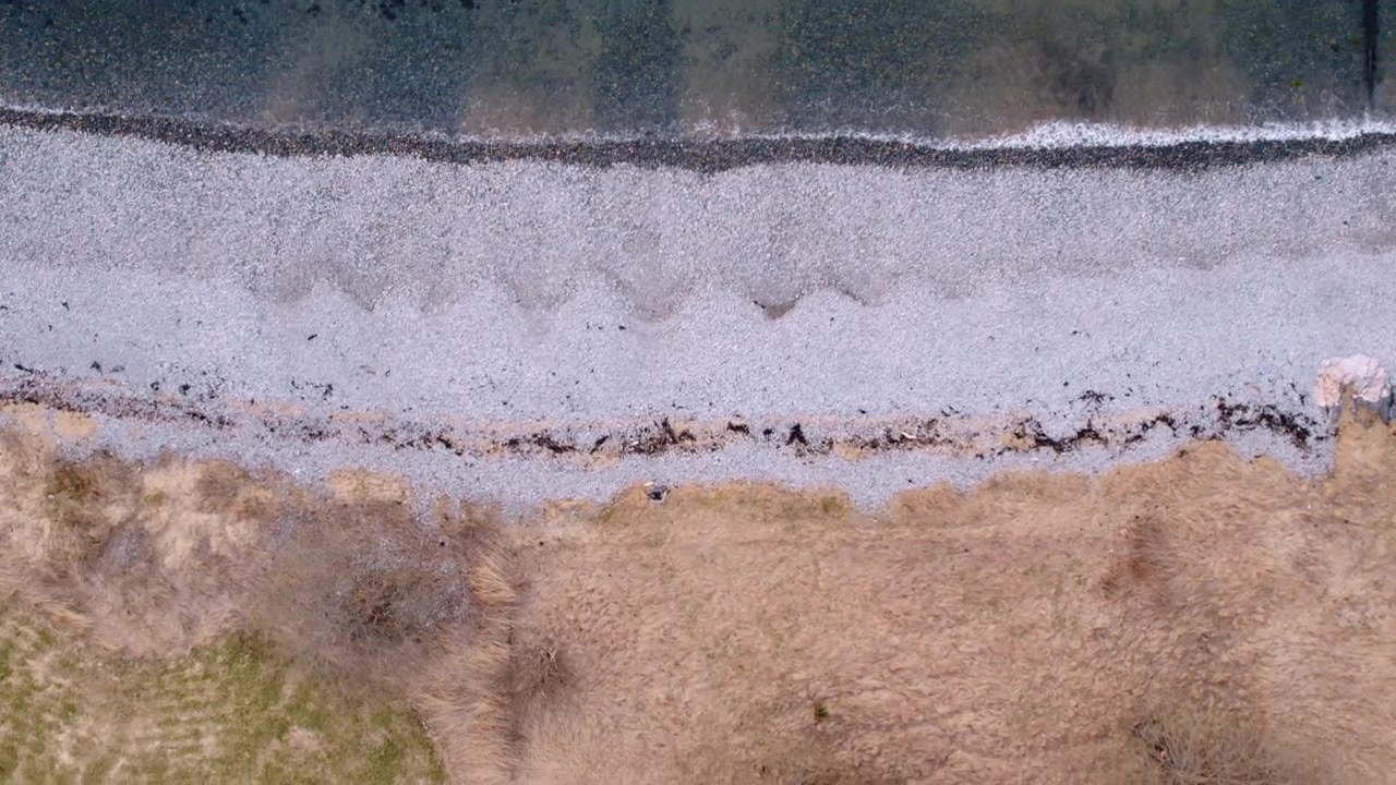 Drone che vola sopra una spiaggia sassosa verso erba gialla