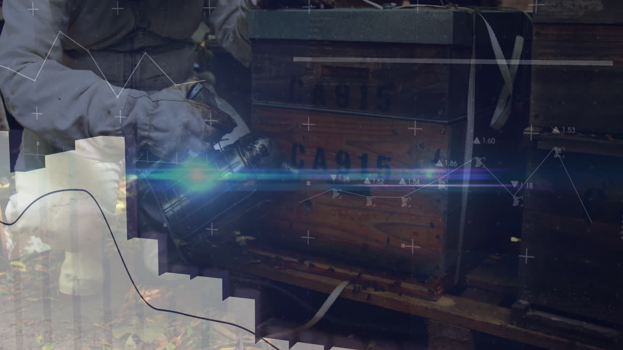 Tending hive, beekeeper with data processing animation overlaying scene in field