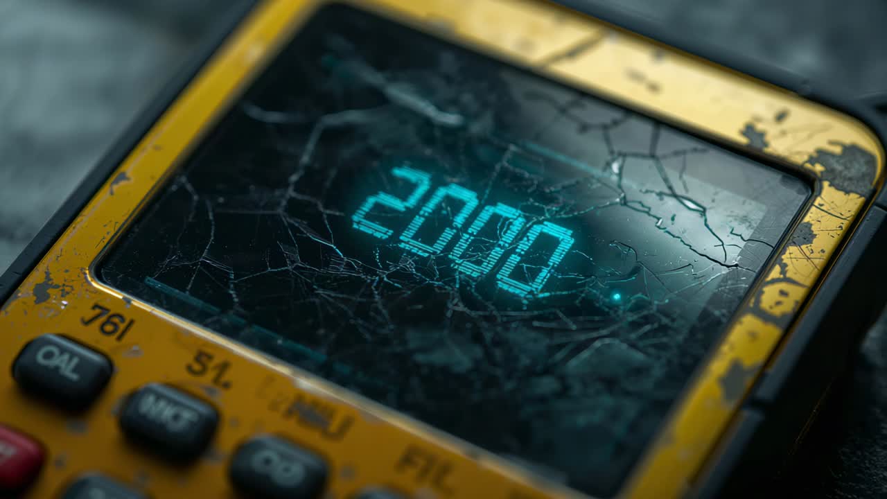 Zooming camera revealing battered yellow meter on dark mat, highlighting cracked glass 2000 readout