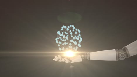 Animation-Eines-Wachsenden-Netzwerks-über-Der-Hand-Eines-Ausgestreckten-Roboterarms,-Mit-Bewegtem-Licht-Auf-Dunklem-Hintergrund