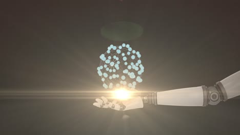 animación de una red en crecimiento sobre la mano del brazo robótico extendido, con luz en movimiento en un fondo oscuro