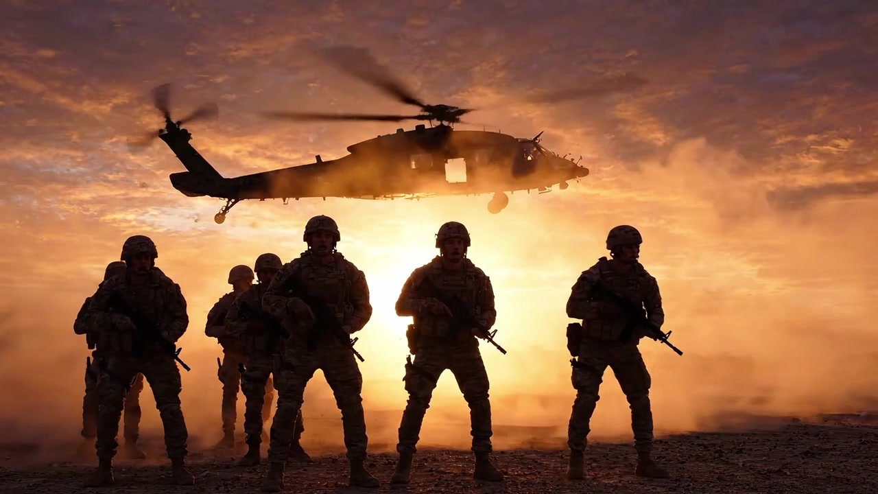 Una scena drammatica si svolge con soldati che avanzano verso il tramonto mentre un elicottero incombe sopra, evidenziando forza, lavoro di squadra e l'essenza delle operazioni militari.