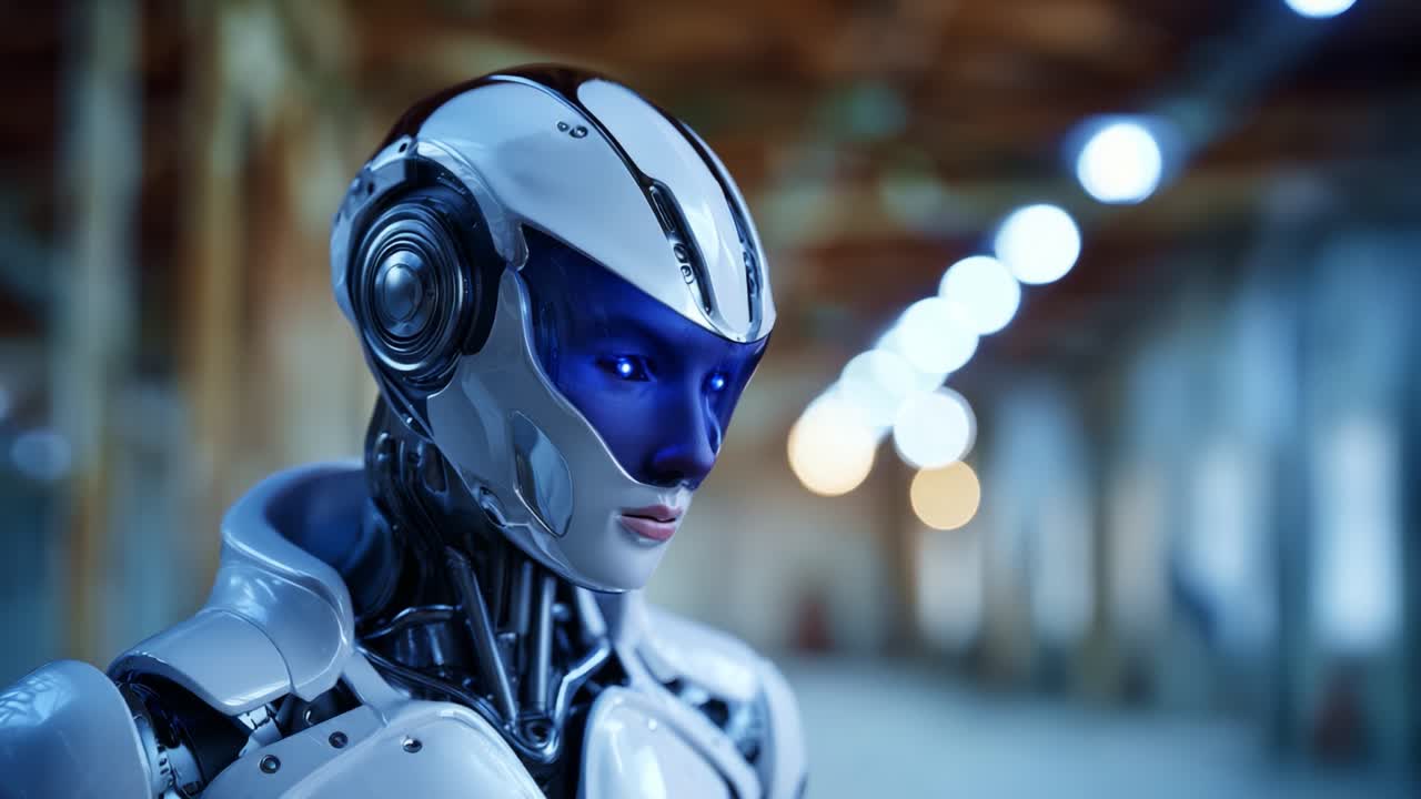 Metalik bir vücuda ve parlak özelliklere sahip fütüristik bir insansı robot, gelişmiş AI teknolojisini ve tasarımı vurgulayarak terk edilmiş bir endüstriyel ortamı keşfediyor