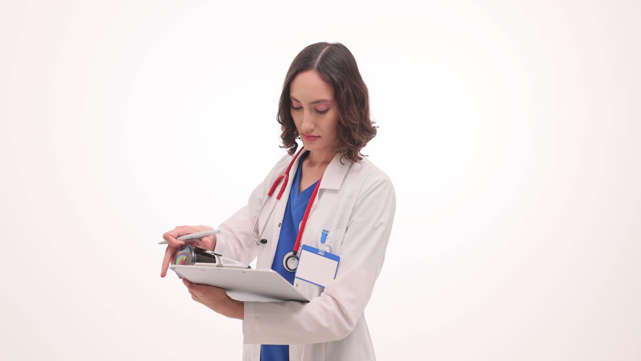 Dottoressa che esamina documenti e timbra su una cartella clinica