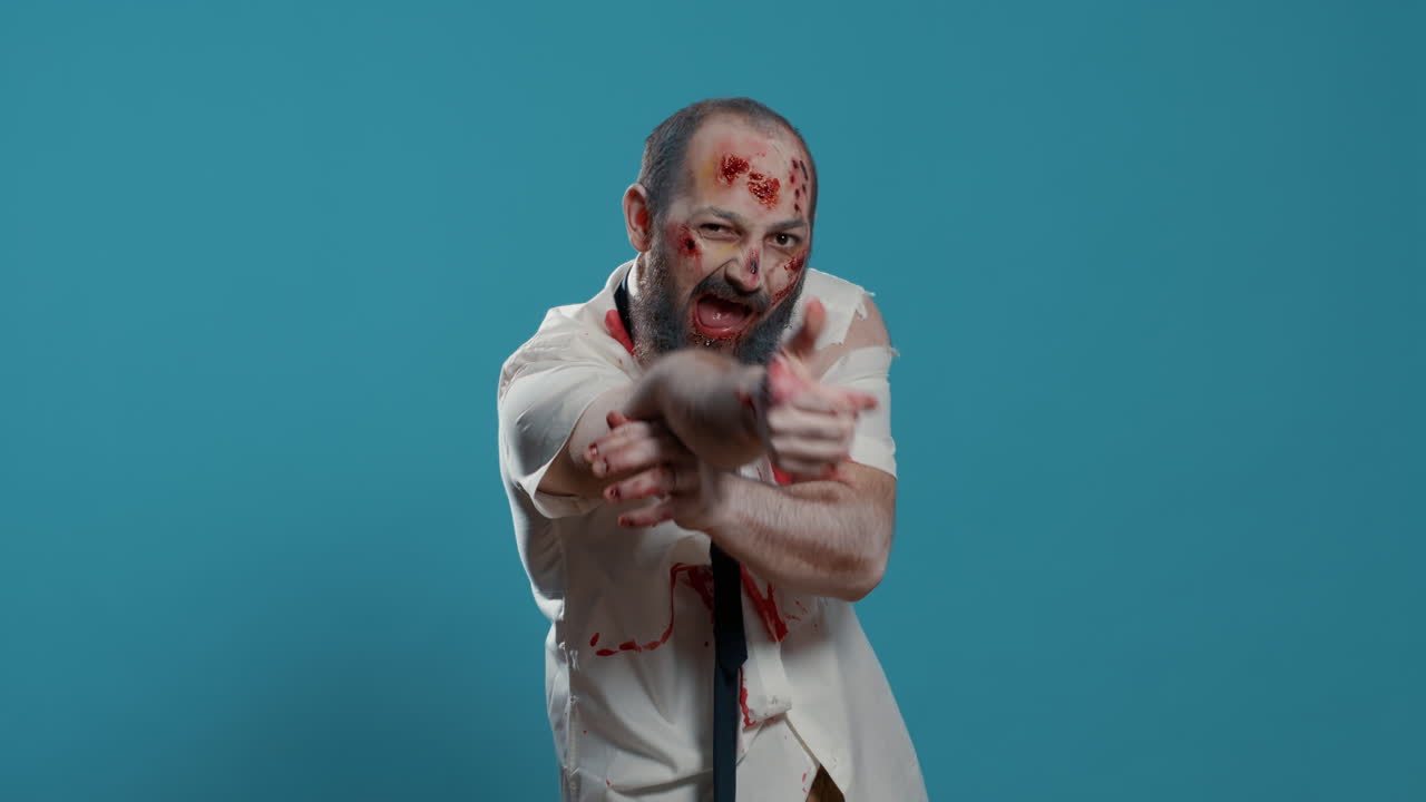 Ugly creepy zombie pointing on right side of background