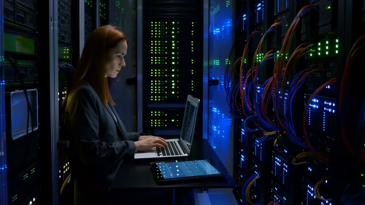 mujer trabajando en una computadora portátil en un centro de datos