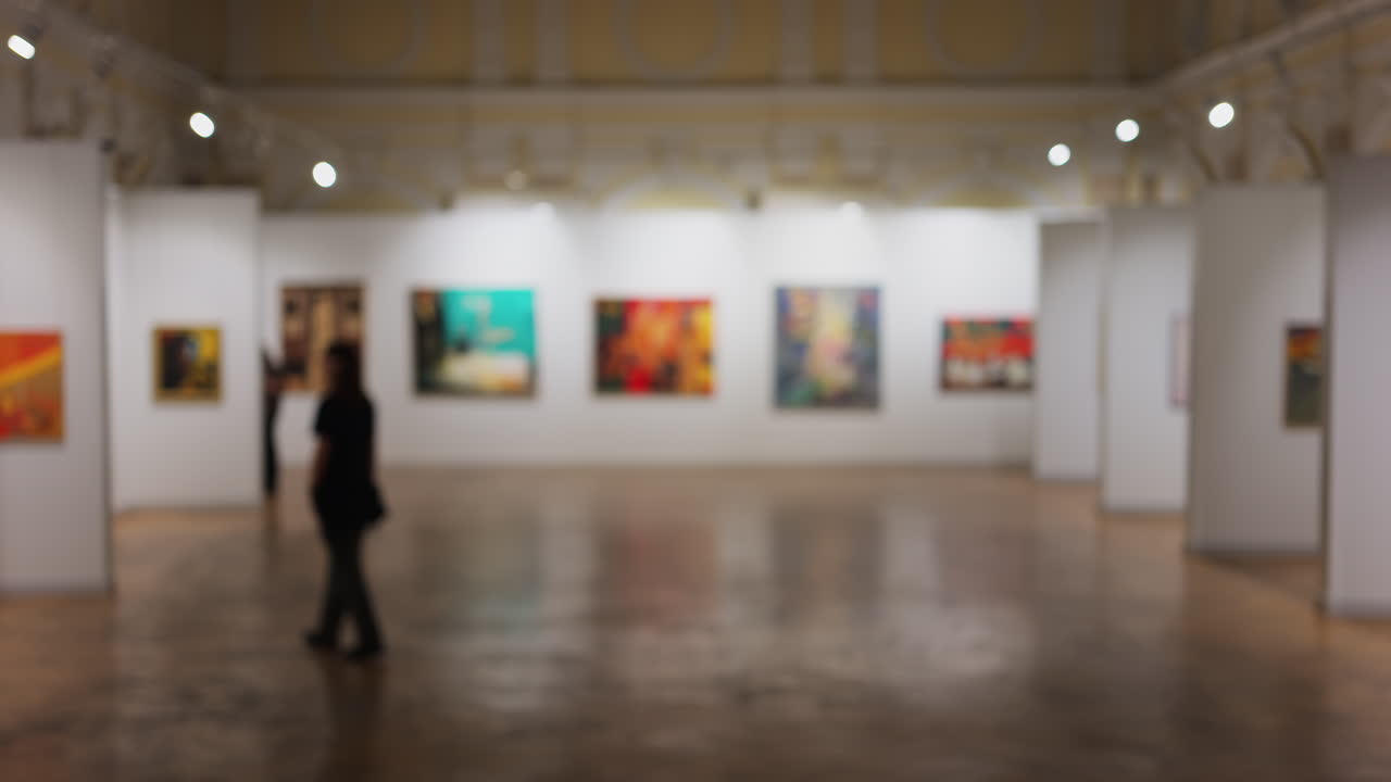 Blurred view of people walking through the National Museum of Fine Arts in Chisinau, Moldova