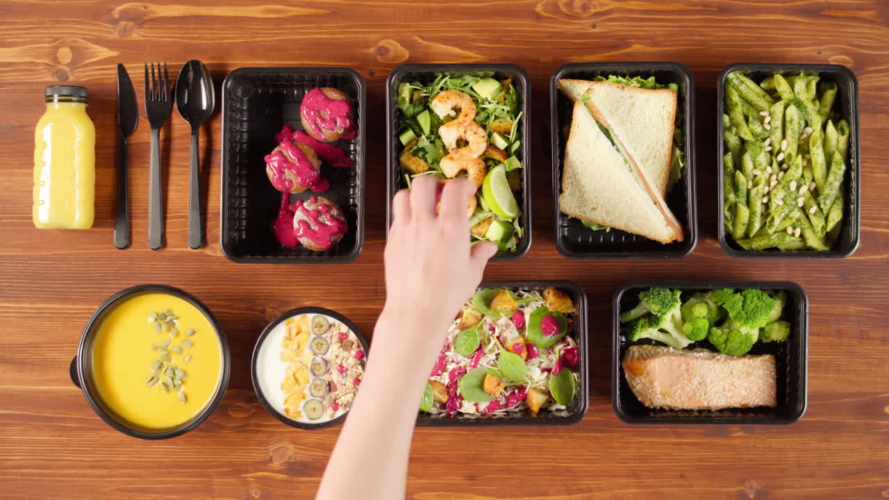 Hand Arranging Healthy Meal Prep Containers on Wooden Table
