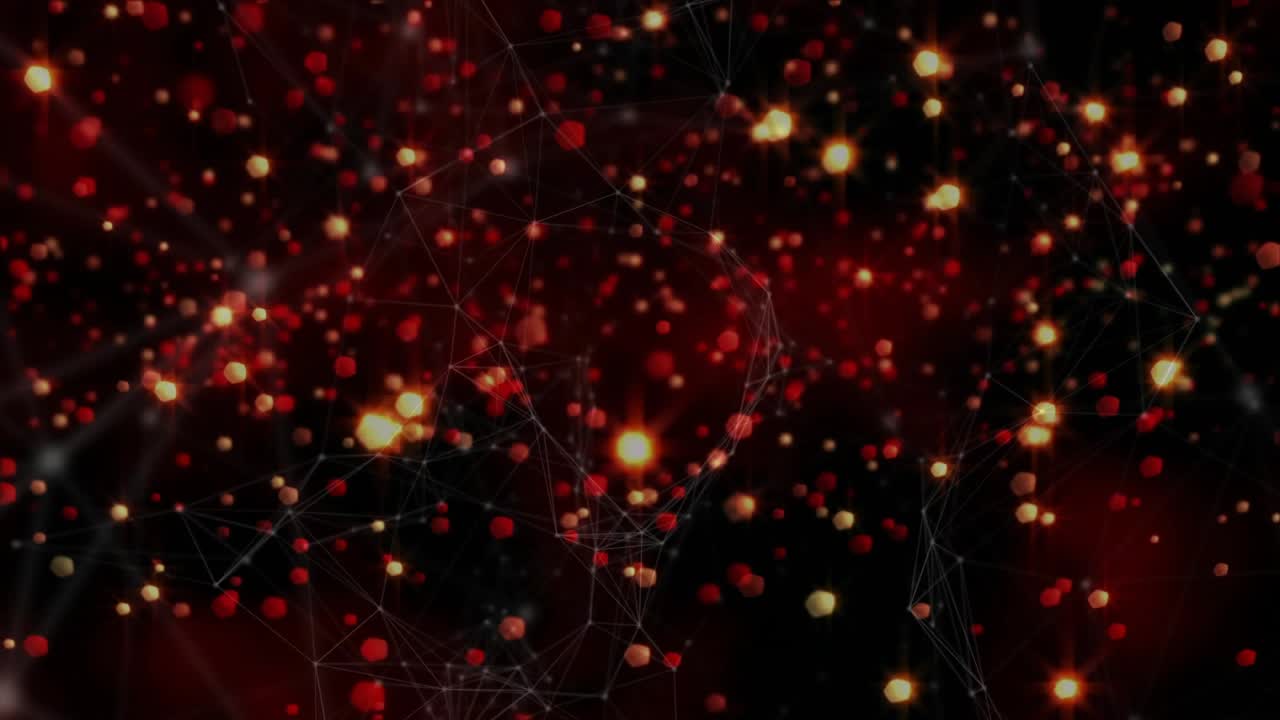 Opening black void unleashing drifting red and orange nodes linking via gray lines into living web