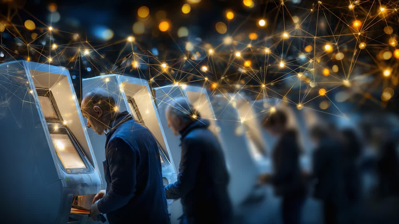A contemporary scene capturing users interacting with automated teller machines, surrounded by a digital network of lights symbolizing the connection and convenience of modern banking technology