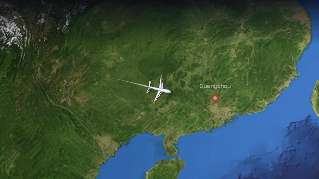 Satellite view animation follows a commercial airplane flying from Delhi to Guangzhou over varied terrain