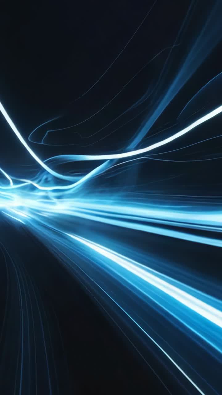 Video verticale: Strisce di luce blu emergenti si curvano e intrecciano nel vuoto, formando un tunnel di energia