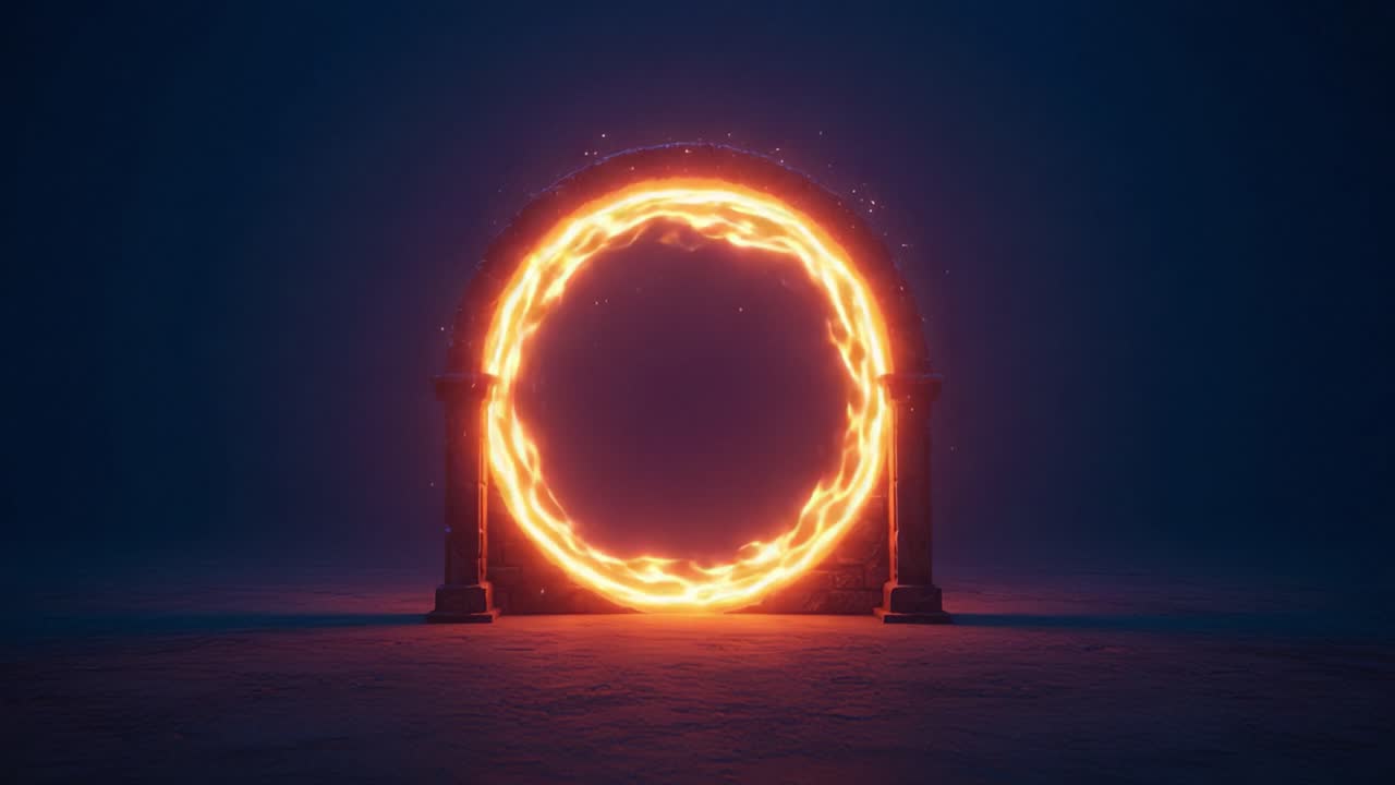 A Mesmerizing Portal of Light: An Enigmatic Circular Energy Gate Surrounded by Ancient Pillars Brimming with Magical Sparks in a Darkened Environment
