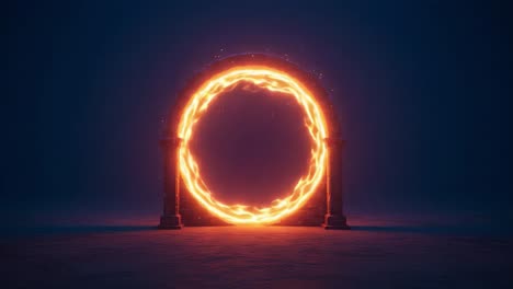 A Mesmerizing Portal of Light: An Enigmatic Circular Energy Gate Surrounded by Ancient Pillars Brimming with Magical Sparks in a Darkened Environment