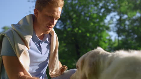 contenido hombre elegante dar comida para perros elogiando mascota después del entrenamiento en el parque.